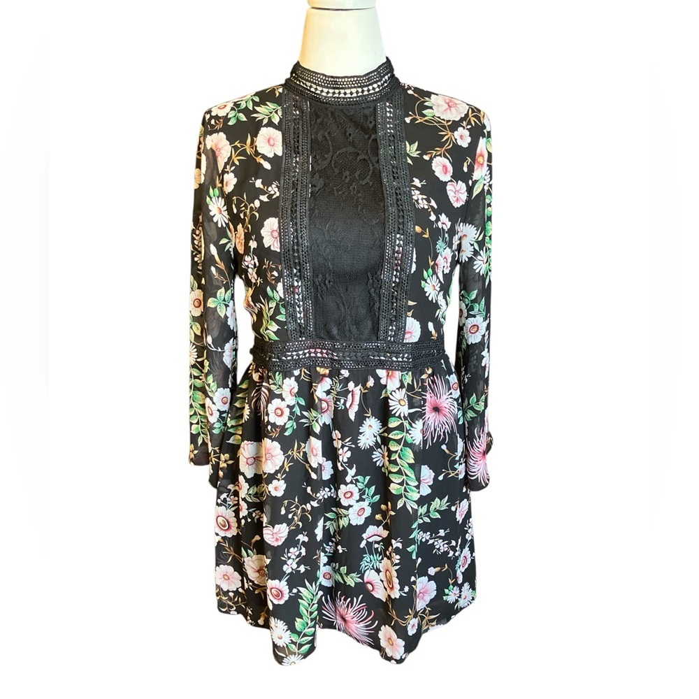 Entro Dark Floral Print Victorian Collar Minidress L EUC